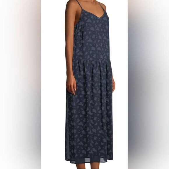 VINCE SP Coastal Navy Blue Calico Floral Print 100%SILK Cami Slip Midi Dress - Picture 6 of 13
